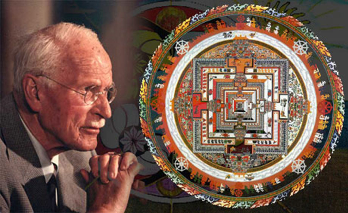 Jung representado ao lado de uma mandala simbolizando a individuação