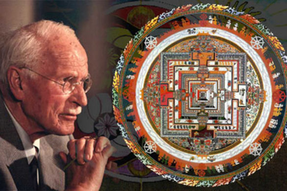 Jung representado ao lado de uma mandala simbolizando a individuação